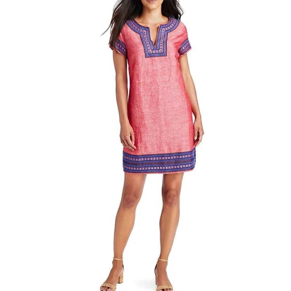Vineyard Vines Womens Linen Cotton Embroidered Shift Dress Tunic Size 16 Red
